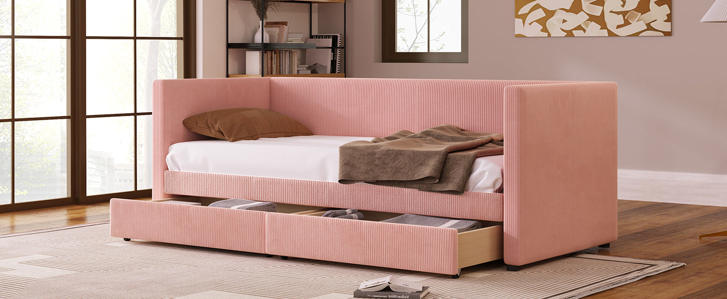 Twin Size Corduroy Daybed with Two Drawers and Wood Slat, Pink