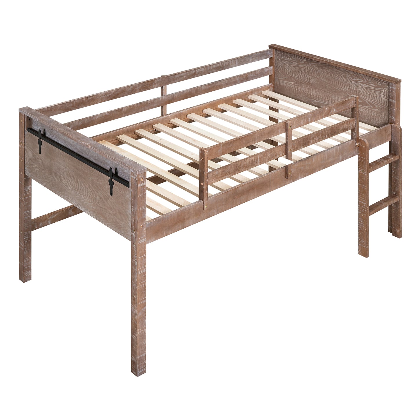 Wood Full Size Loft Bed with Hanging Clothes Racks, White Rustic Natural