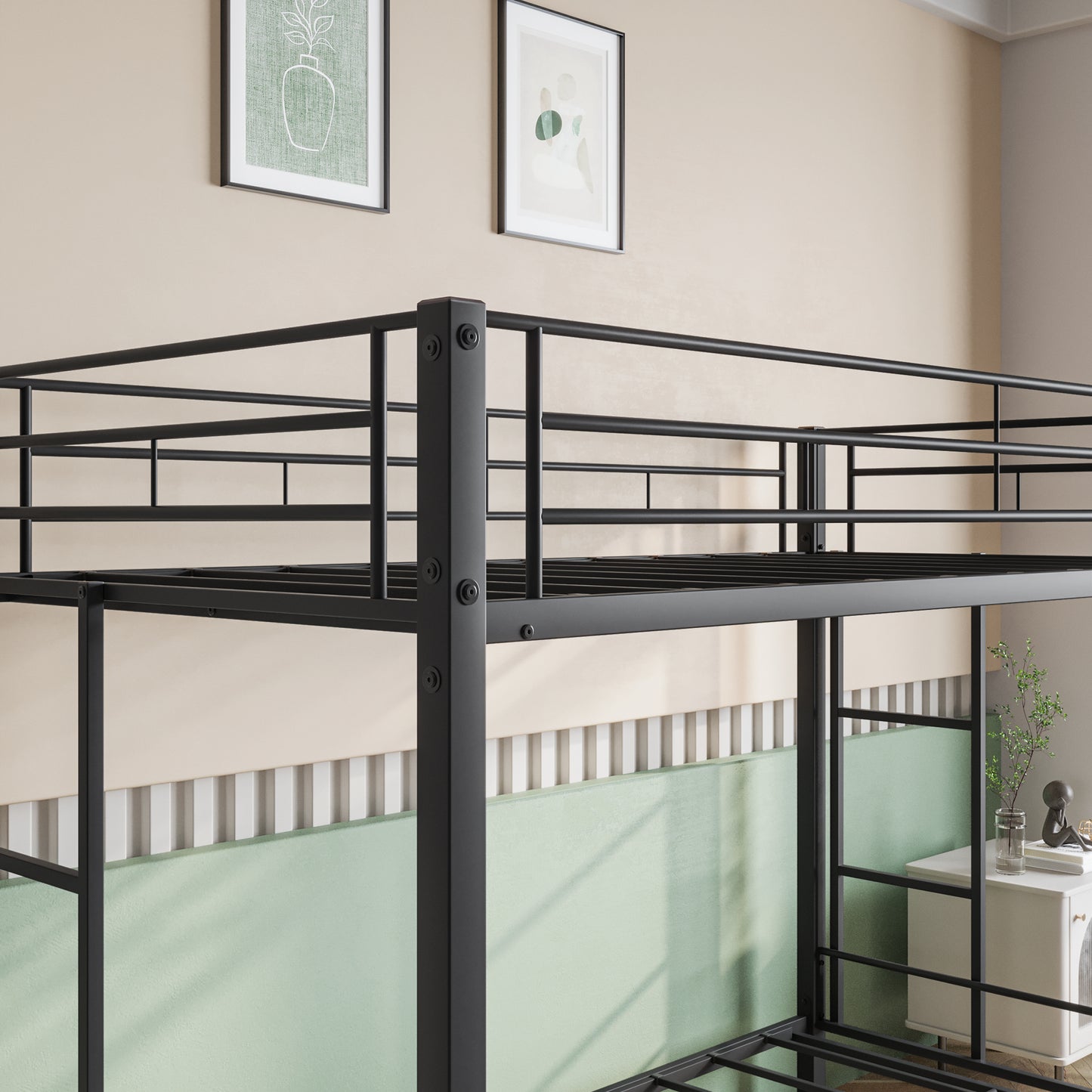 Metal Bunk Bed Twin Over Twin, Heavy Duty Twin Bunk Beds with shelf and Slatted Support No Box Spring Needed Black