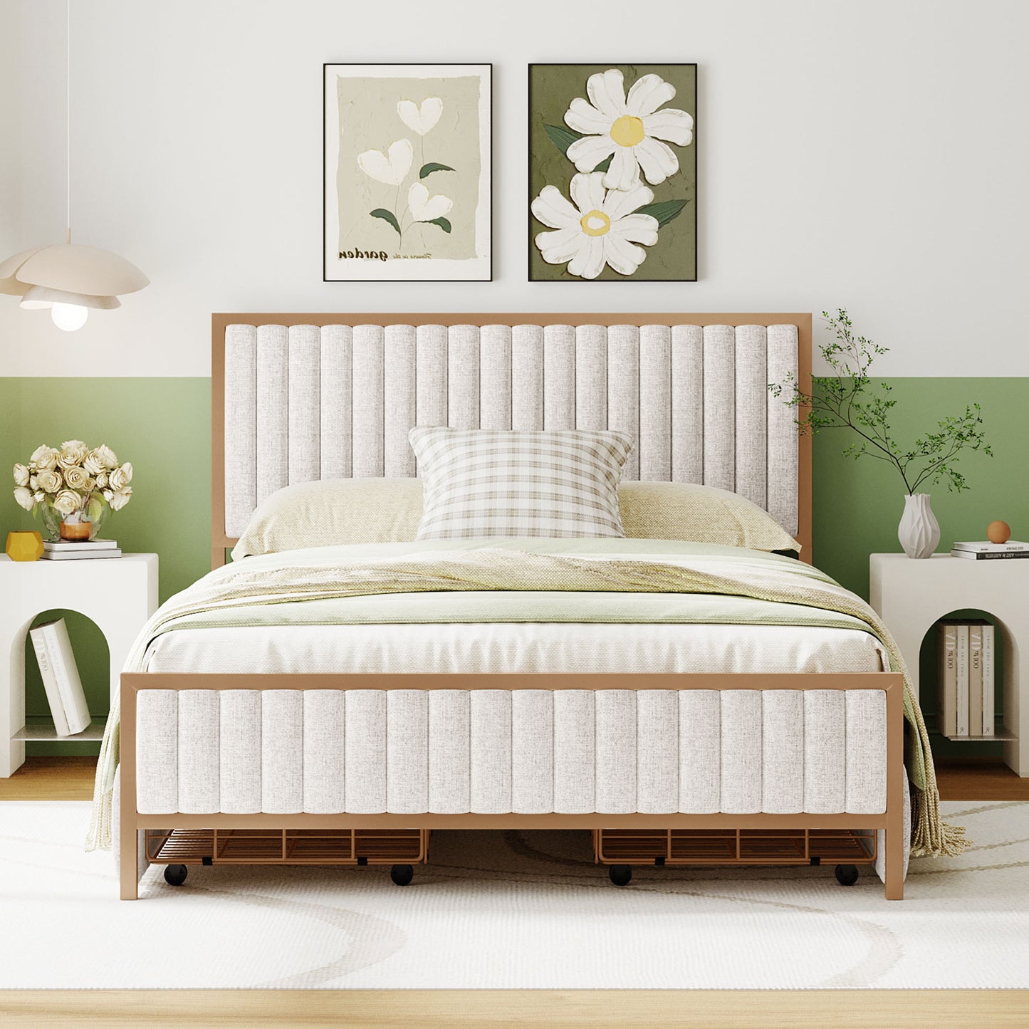 Full Size Metal Upholstered Platform Bed with 4 Drawers, Linen Fabric, Beige