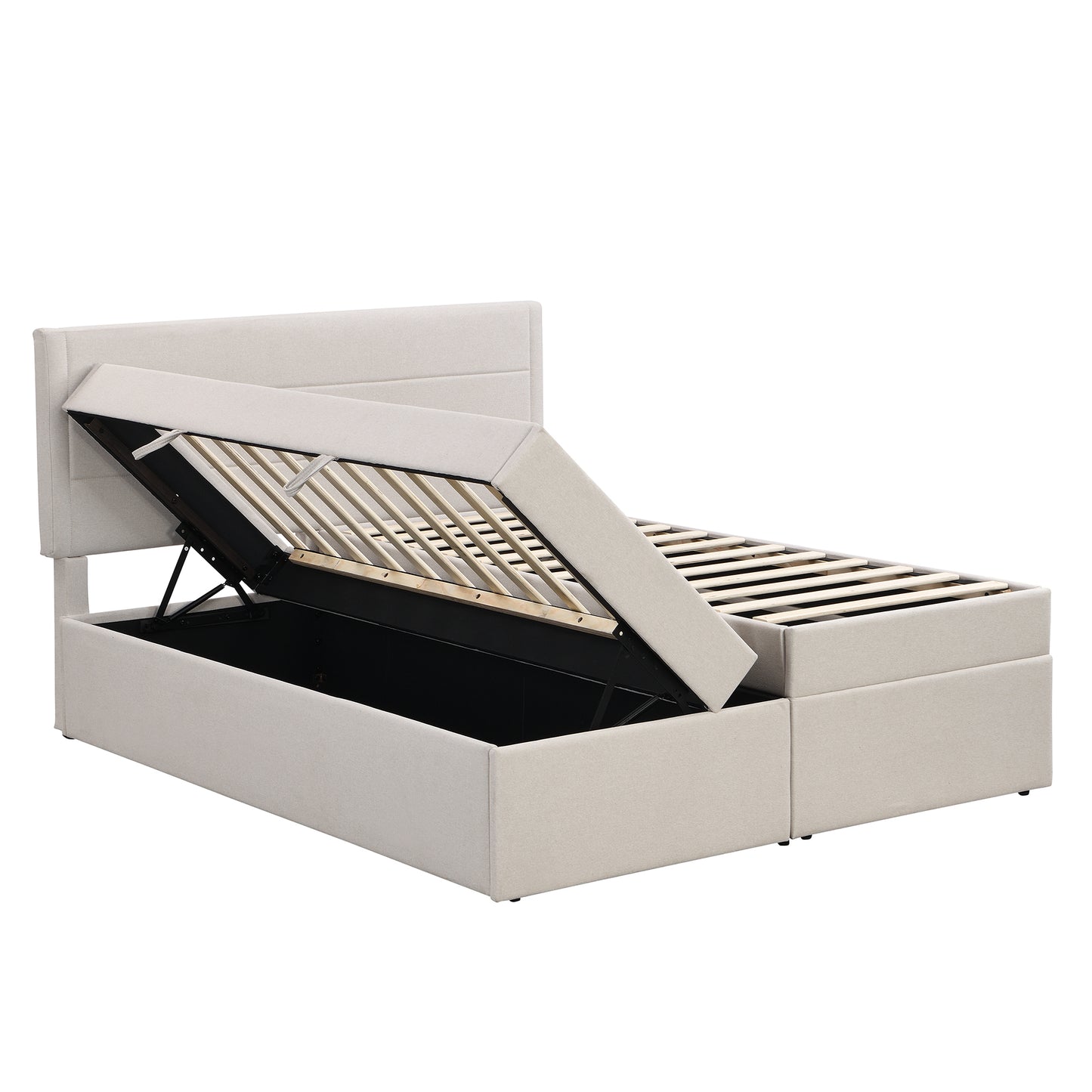 Queen Size Upholstered Platform Bed with Storage Underneath, Beige