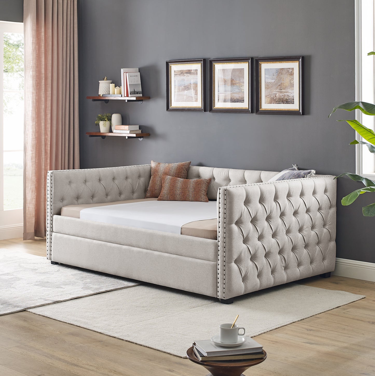 Daybed with Trundle Upholstered Tufted Sofa Bed, with Button and Copper Nail on Square Arms,Full Daybed & Twin Trundle, Beige(85"x57"x31.5")