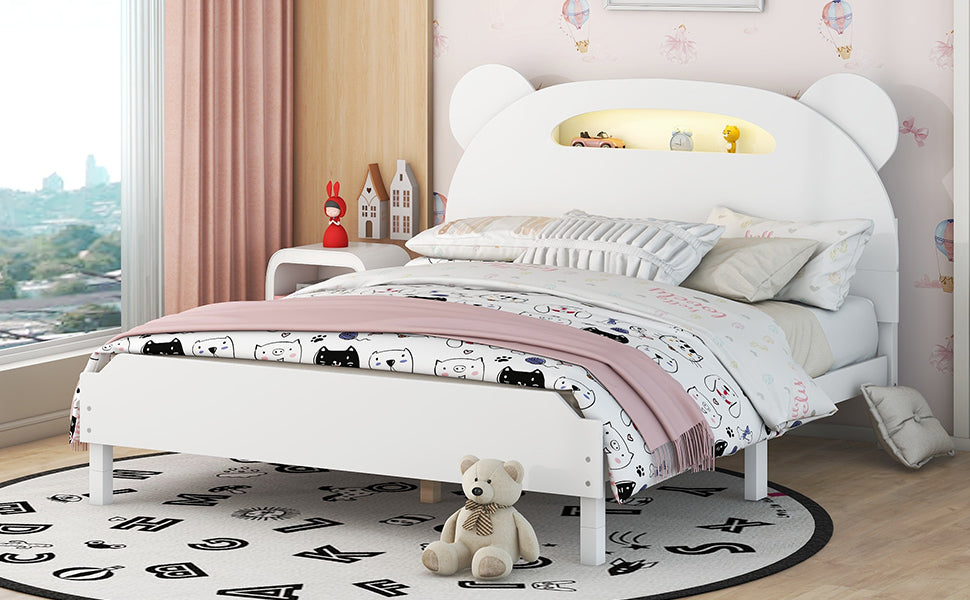 Full Size Wood Platform Bed with Bear-shaped Headboard,Bed with Motion Activated Night Lights,White