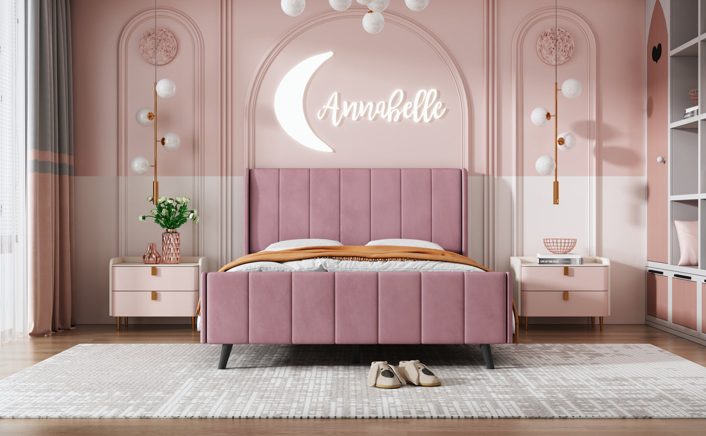 Full Size Upholstered Platform Bed, Velvet, Pink
