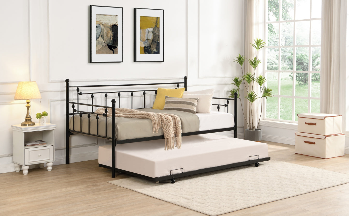 Twin Size Metal Daybed with Pull Out Trundle, Modern 2 in 1 Sofa Bed Frame for Kids Teens Adults,Single Daybed Sofa Bed Frame for Bedroom Living Room Guest Room,No Box Spring Needed