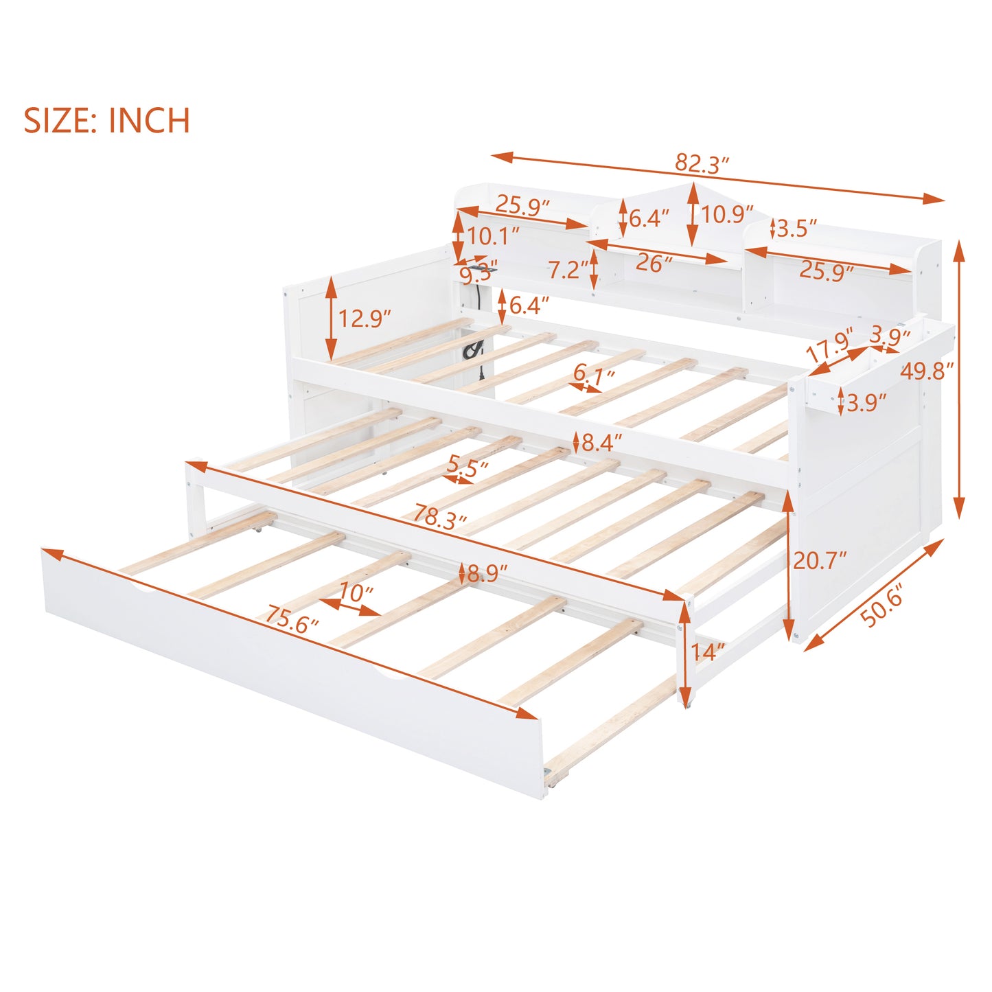 Twin XL Wooden Daybed with 2 Twin Trundles and Storage Shelf, Daybed with USB Charging Ports, No Box-spring Needed, White