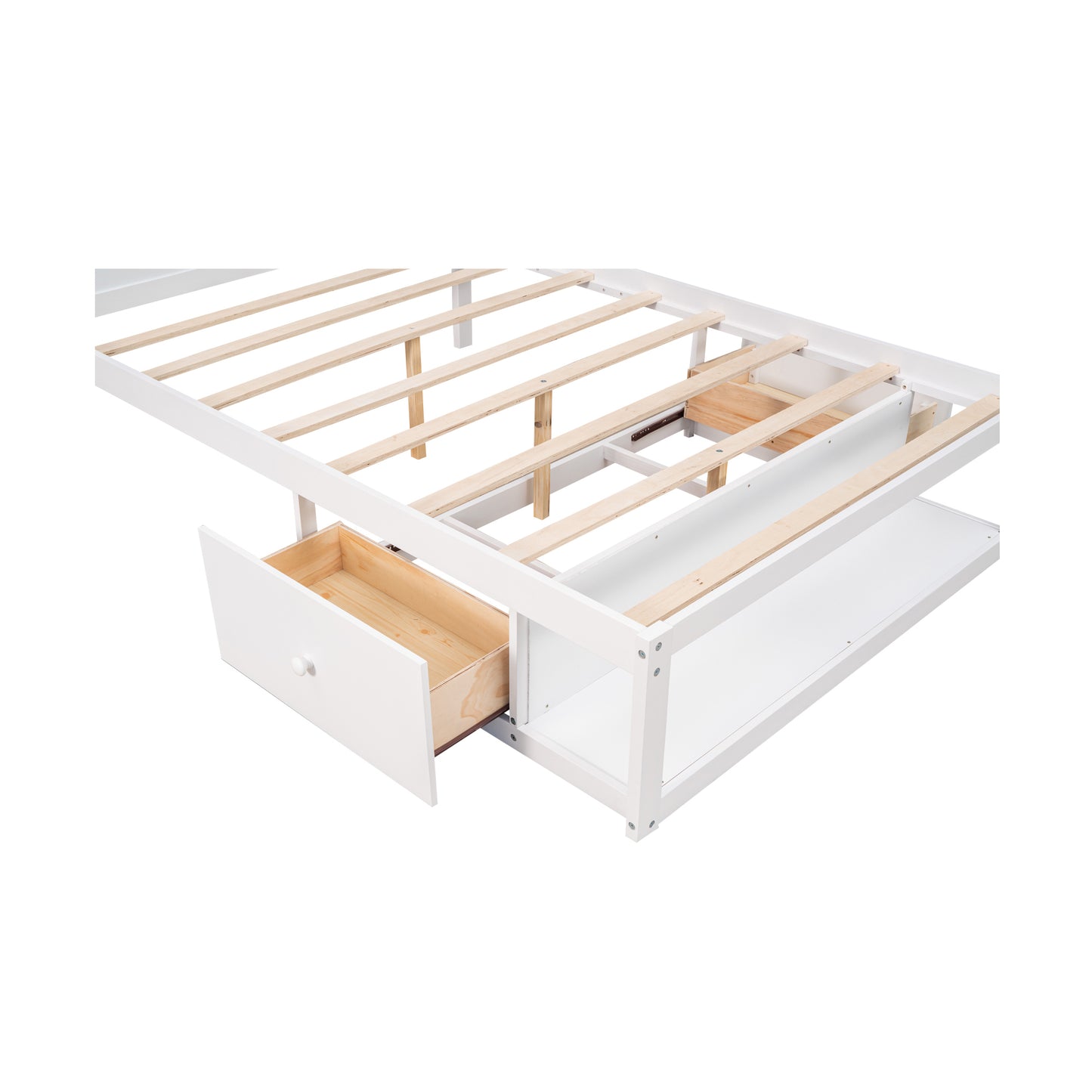 Full Size Platform Bed with Drawer on the Each Side and Shelf on the End of the Bed, White