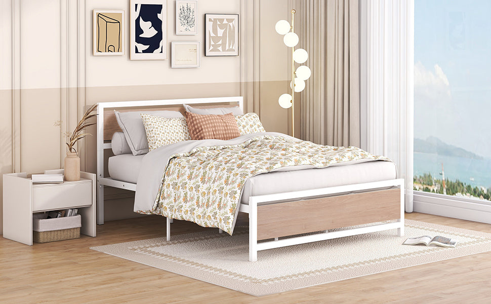 Queen Size Platform Bed, Metal and Wood Bed Frame with Headboard and Footboard , White
