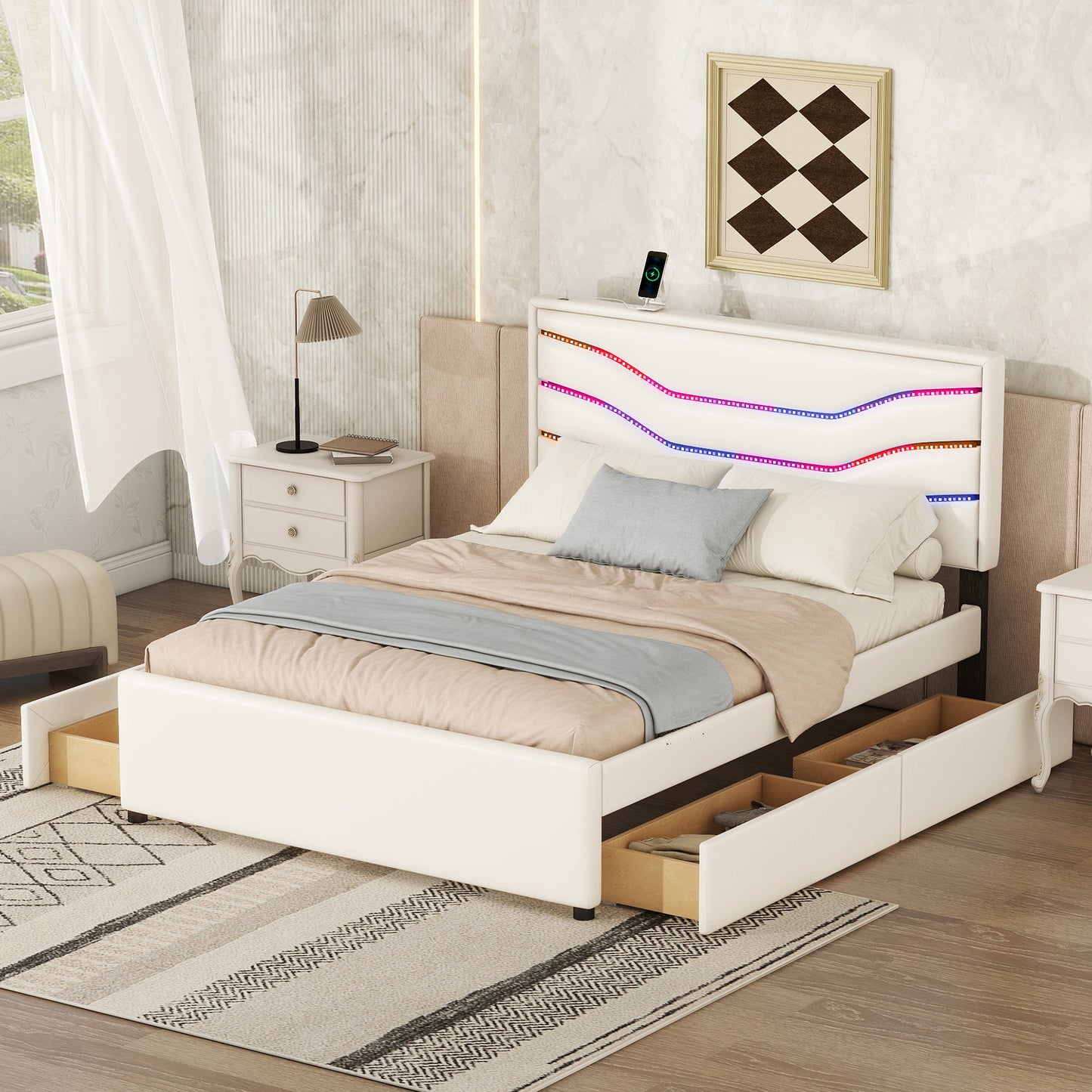 Queen Size Upholstered Storage Platform Bed with LED, 4 Drawers and USB Charging, White