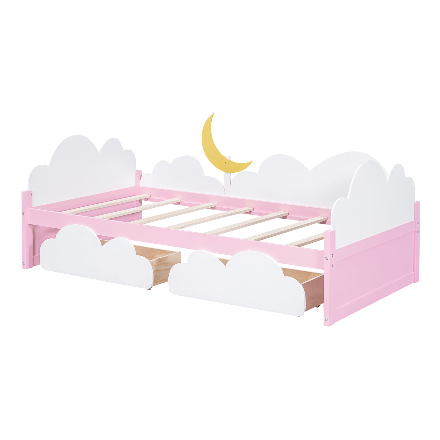 Twin Size Bed with Moon Decor, Platform Bed with 2 Drawers (White+Pink)
