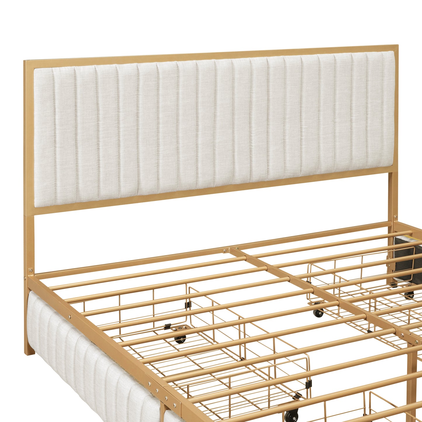 Queen Size Metal Frame Upholstered Platform Bed with 4 Drawers, Linen Fabric, Beige