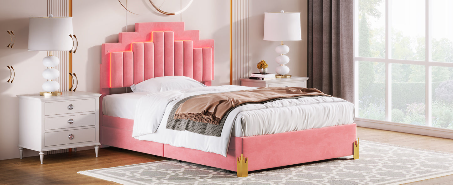 Full Size Upholstered Platform Bed with LED Lights and 4 Drawers, Stylish Irregular Metal Bed Legs Design, Pink