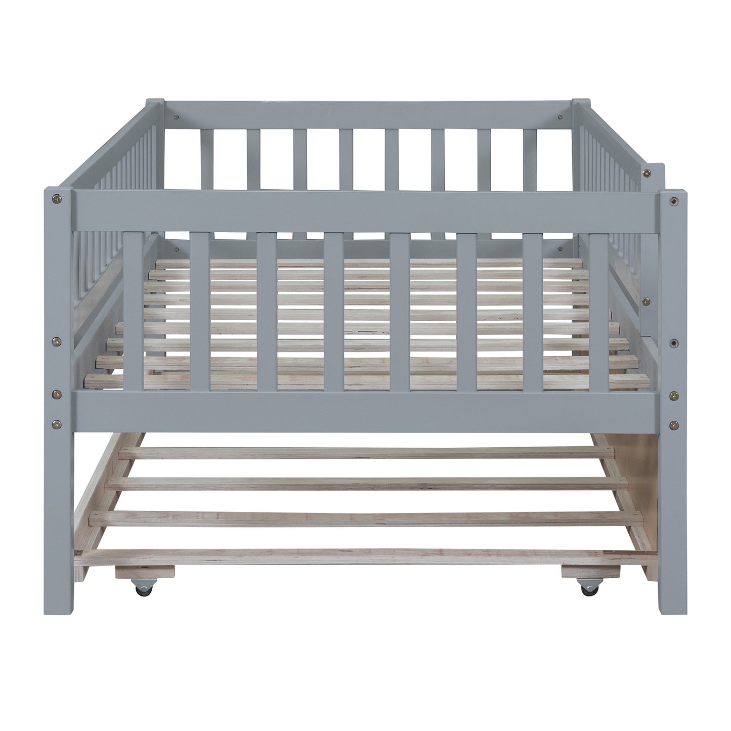Twin Size Wood Daybed with Trundle and Fence Guardrails, Gray