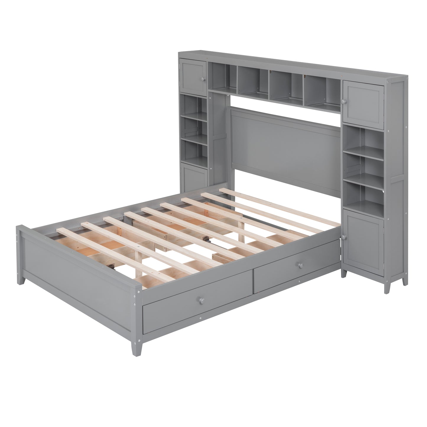Full Size Wooden Platform Bed With All-in-One Cabinet and Shelf, Gray