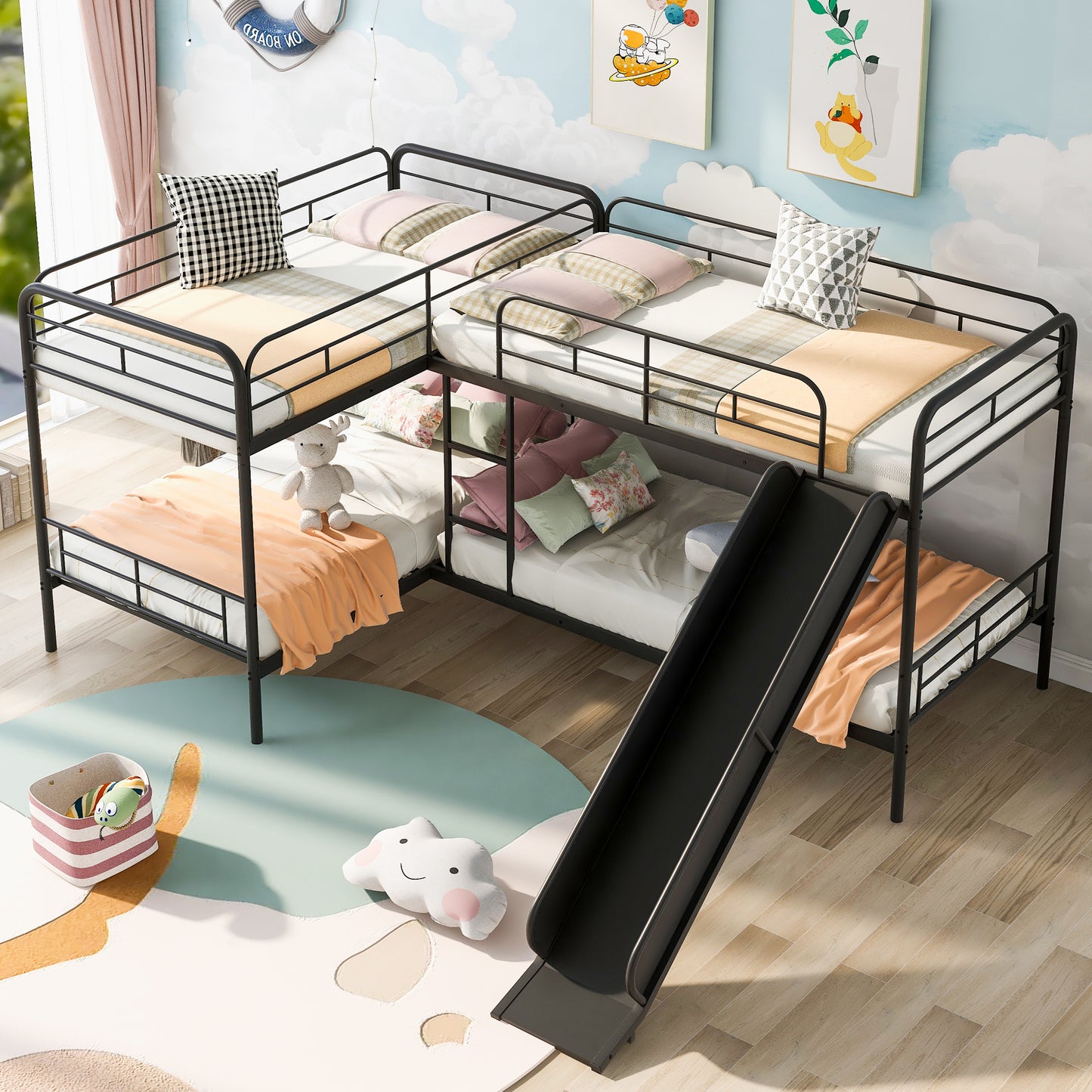 Twin Size L-Shaped Bunk Bed with Slide and Ladder, Black