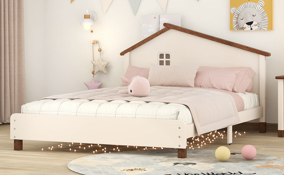 Full Size Wood Platform Bed with House-shaped Headboard  (Cream+Walnut)