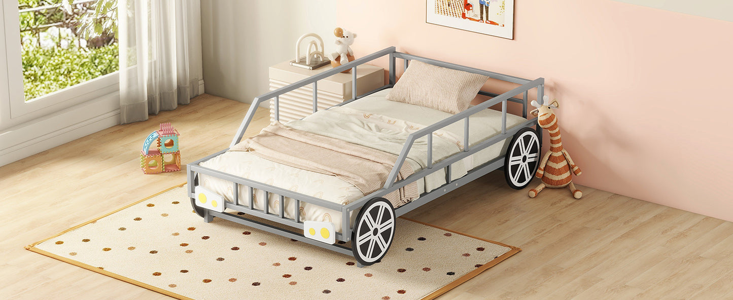 Metal Twin Size Car-shaped Platform Bed with Wheels and Headlights Decoration, Silver