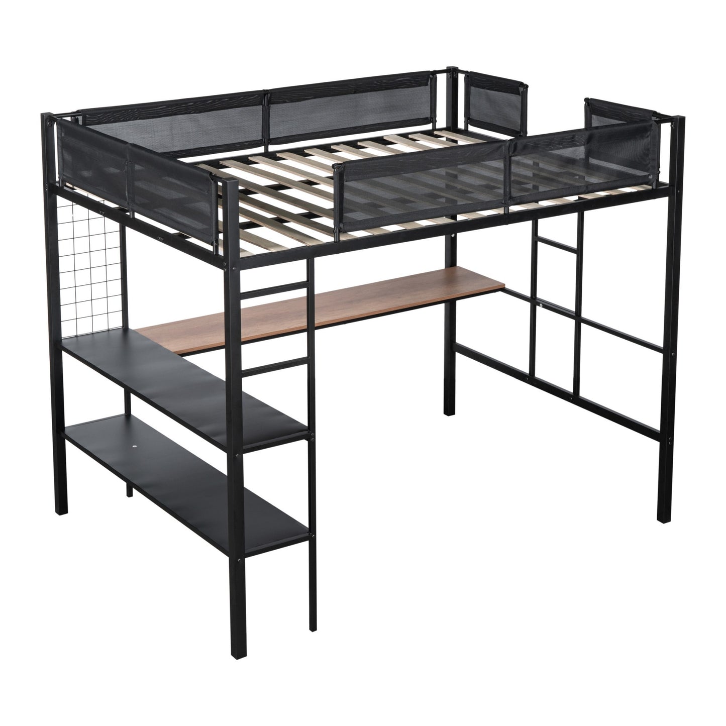 Metal Full Size Loft Bed with Desk & Shelves/ Sturdy Metal Bed Frame/ Noise-free Wood Slats/ Comfortable Textilene Guardrail/ Built-in Desk, 2-tier Shelves & Grid Panel/ 2 Side Ladders