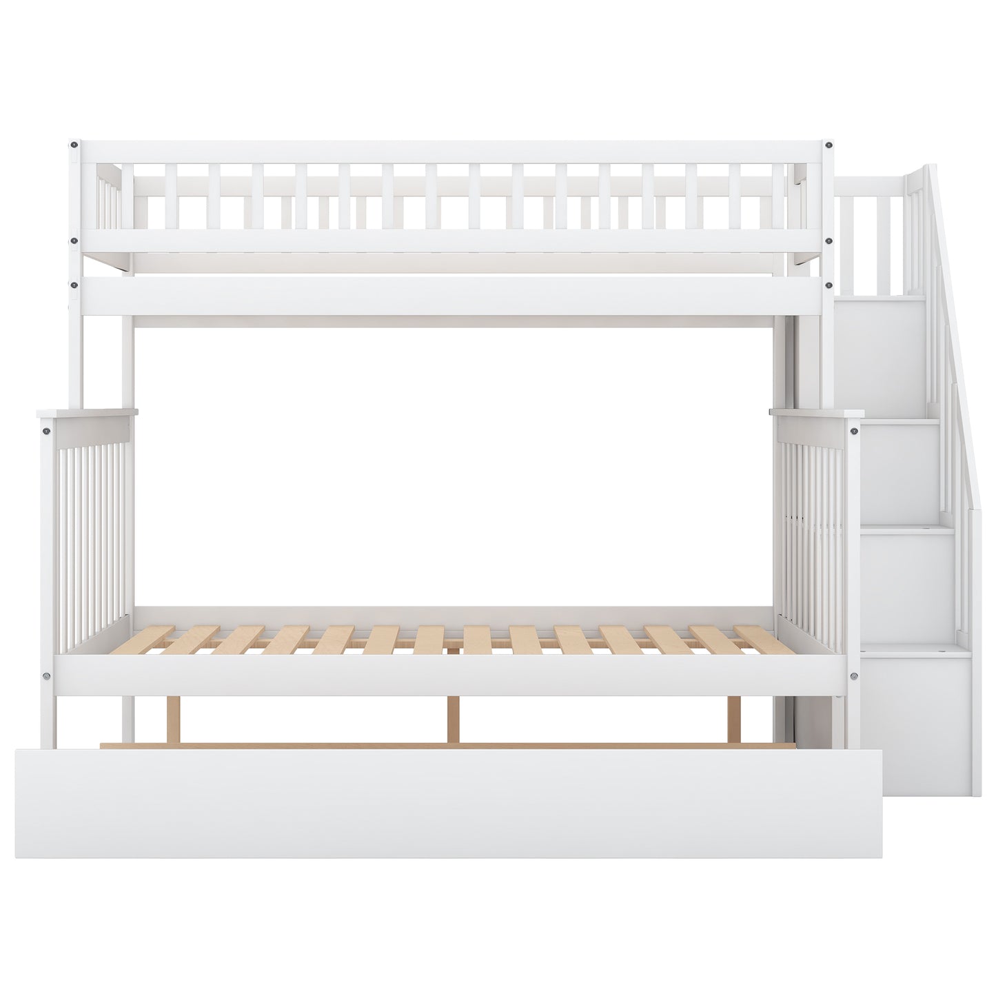 Twin over Full Bunk Bed with Trundle and Staircase,White