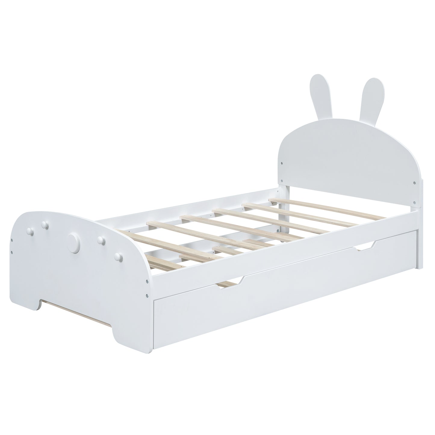 Wood Twin Size Platform Bed with Cartoon Ears Shaped Headboard and Trundle, White
