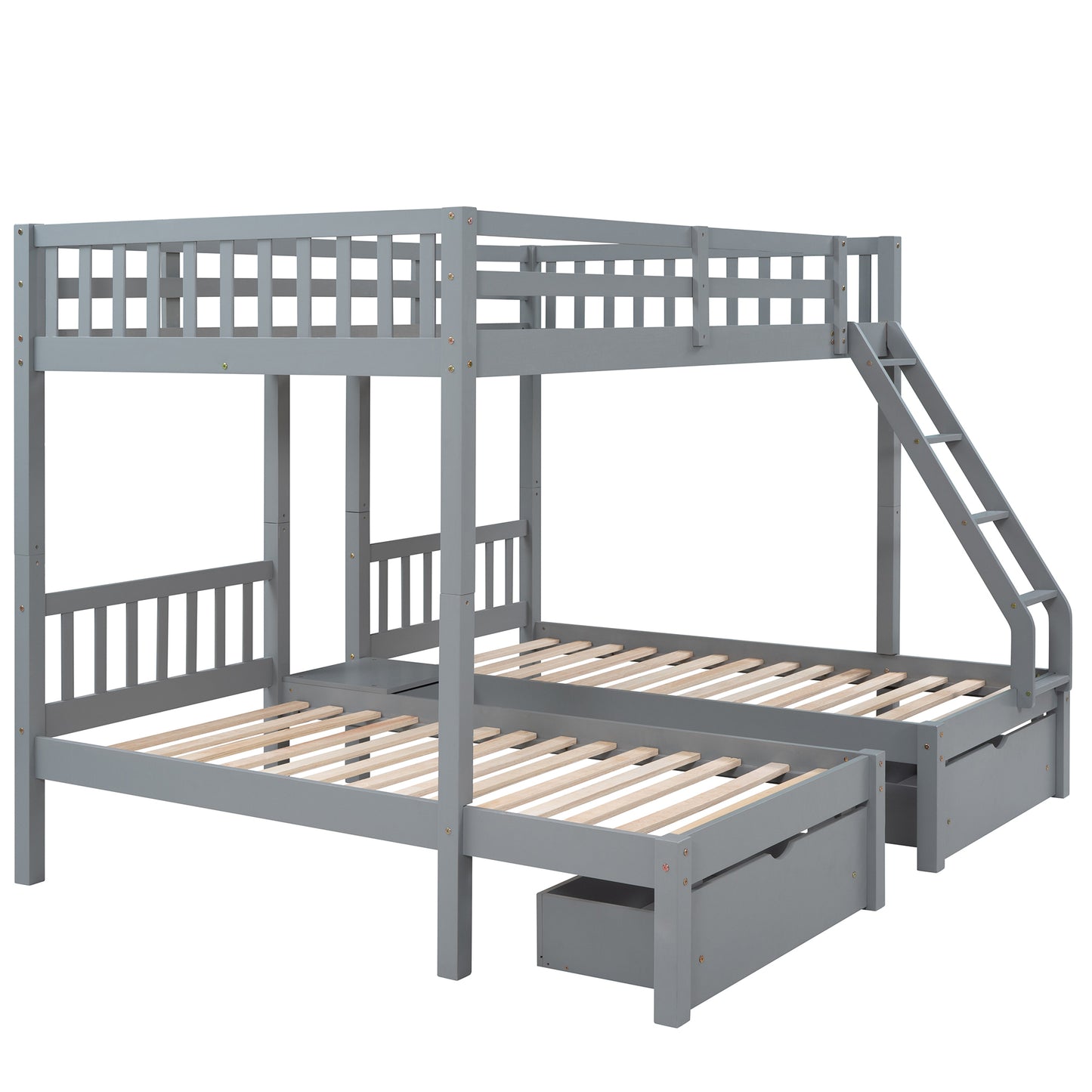 Full Over Twin & Twin Bunk Bed, Wood Triple Bunk Bed with Drawers and Guardrails, Gray