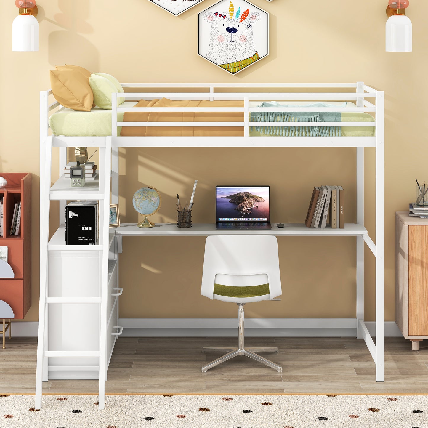 Twin Size Metal&Wood Loft Bed with Desk and Shelves, Two Built-in Drawers, White