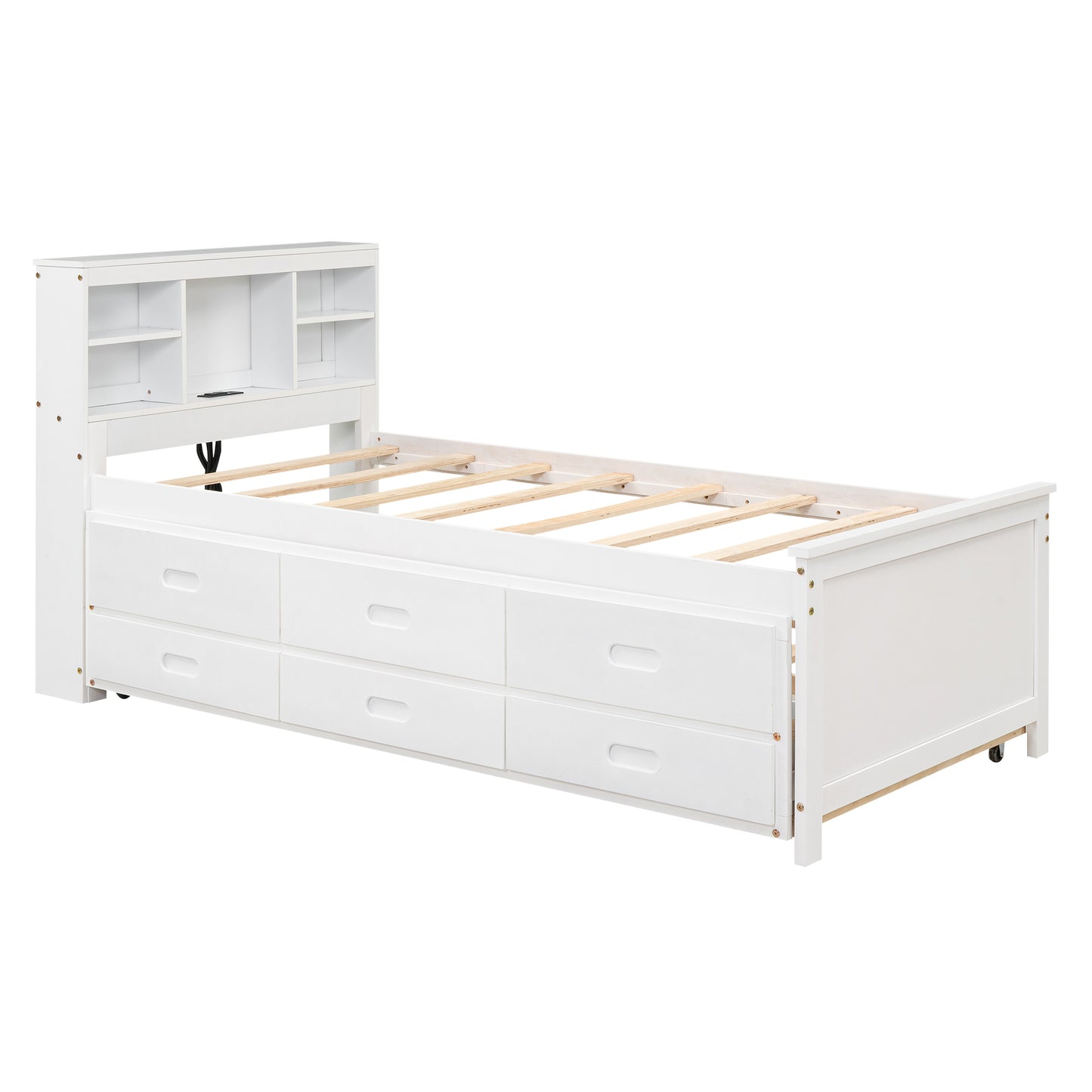 Twin Size Platform Bed with Storage Headboard, USB, Twin Size Trundle and 3 Drawers, White