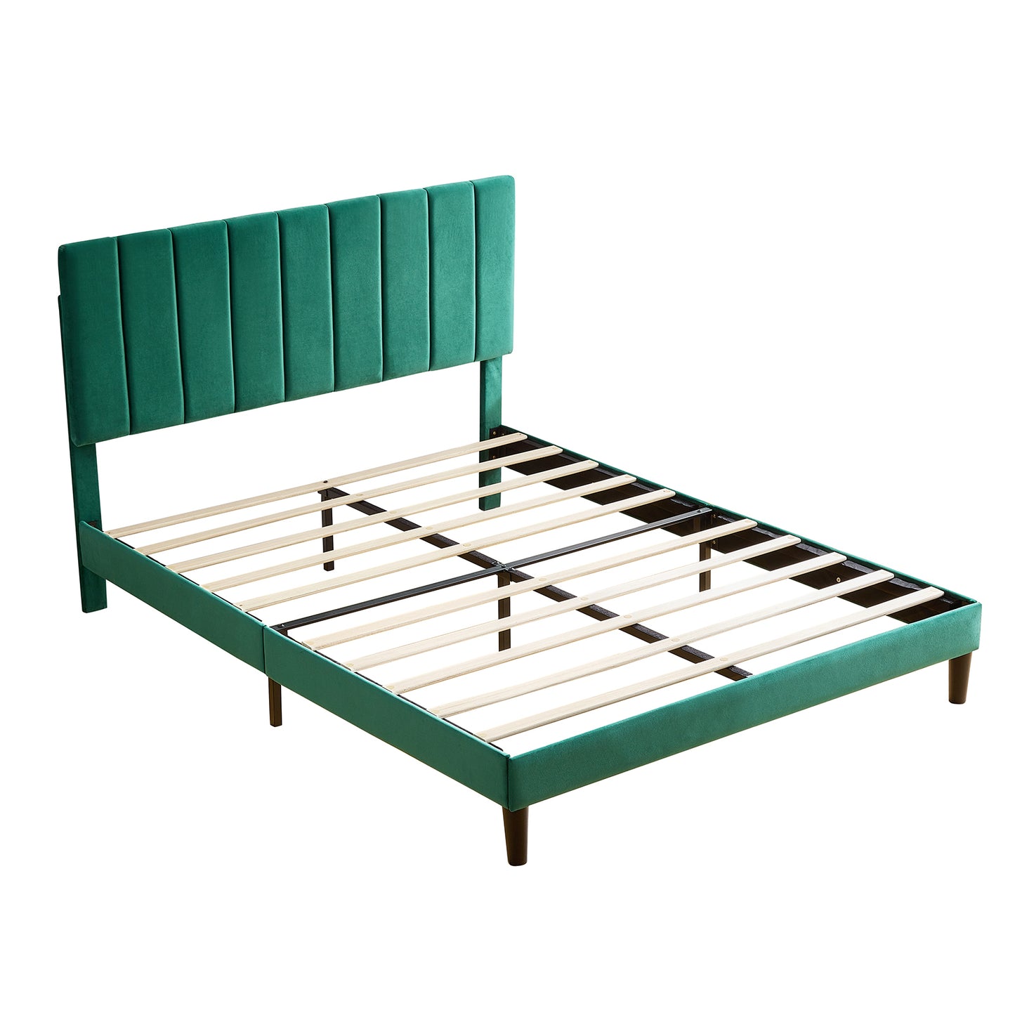 Queen Size Platform Bed with Upholstered Headboard and Slat Support, Heavy Duty Mattress Foundation, No Box Spring Required, Easy to Assemble, Green
