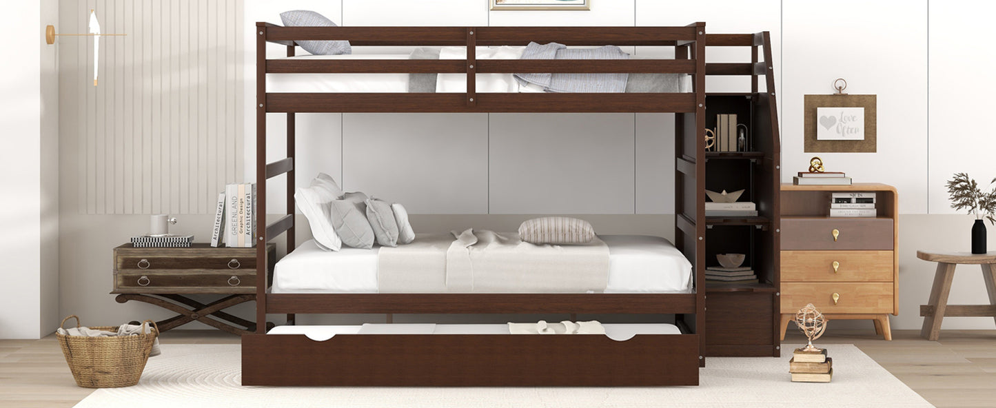 Full-over-Full Bunk Bed with Twin Size Trundle and 3 Storage Stairs,Espresso