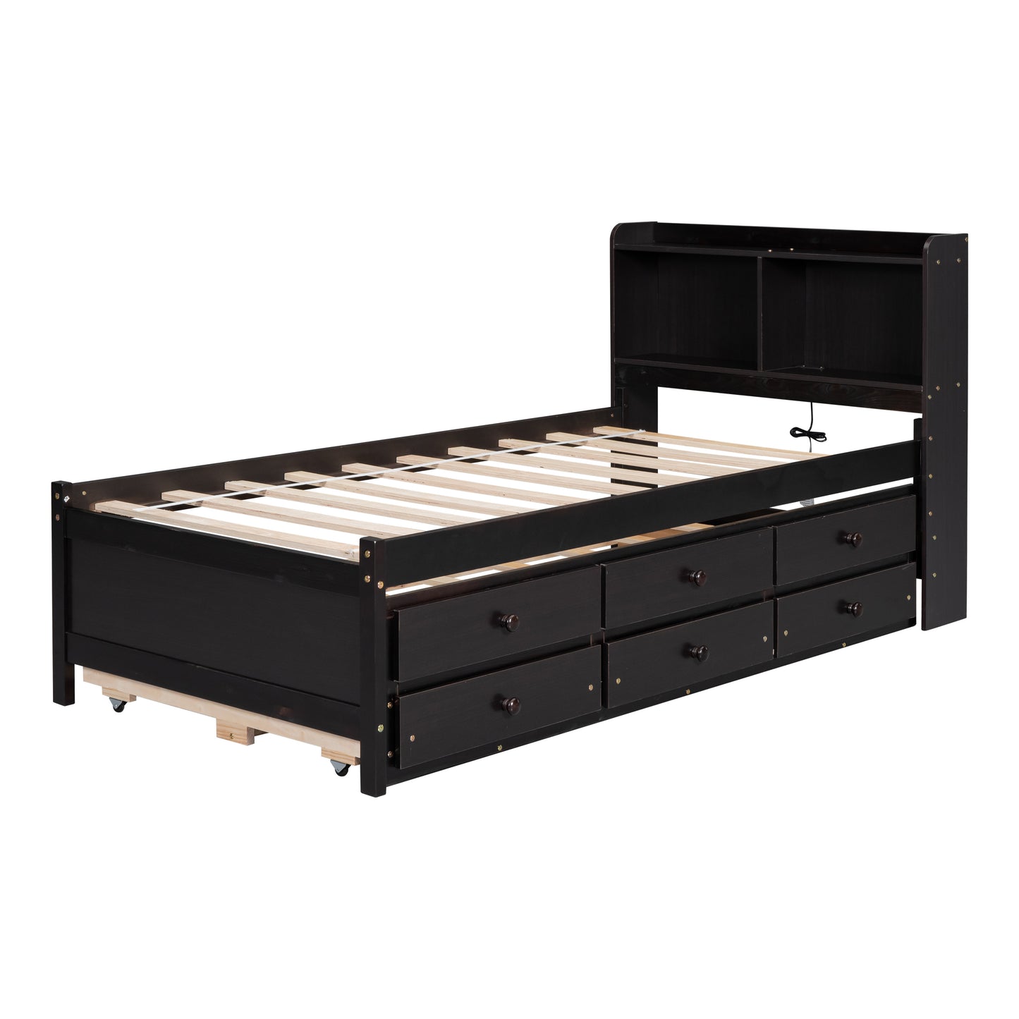 Twin Size Platform Bed with Built-in USB ,Type-C Ports, LED light, Bookcase Headboard, Trundle and 3 Storage Drawers, Espresso