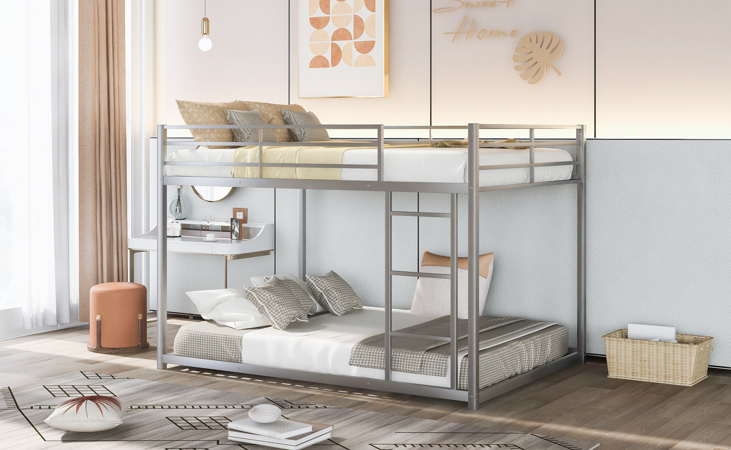 Full over Full Metal Bunk Bed, Low Bunk Bed with Ladder, Silver