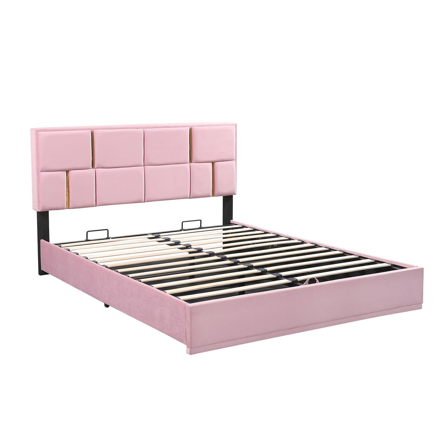 2-Pieces Bedroom Sets,Queen Size Upholstered Platform Bed with Hydraulic Storage System,Storage Ottoman with Metal Legs,Pink