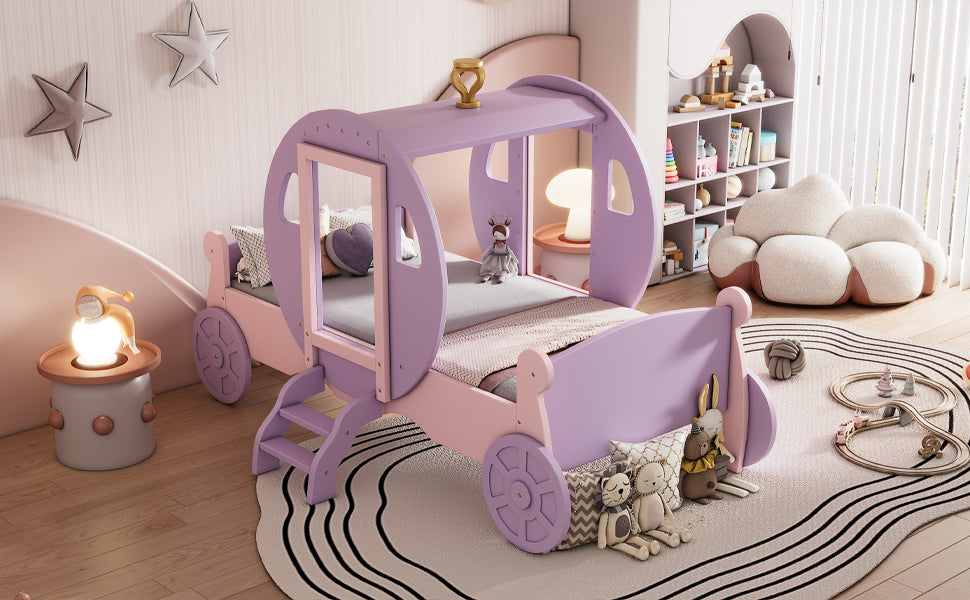 Twin size Princess Carriage Bed with Crown,Wood Platform Car Bed with Stair,Purple+Pink