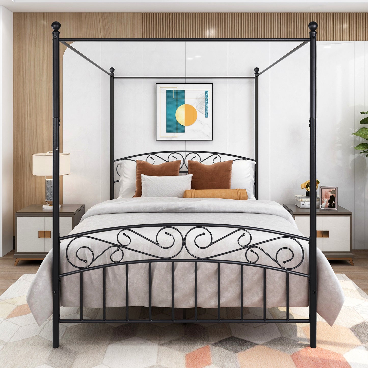 Queen Size Metal Canopy Bed Frame with Headboard and Footboard Black