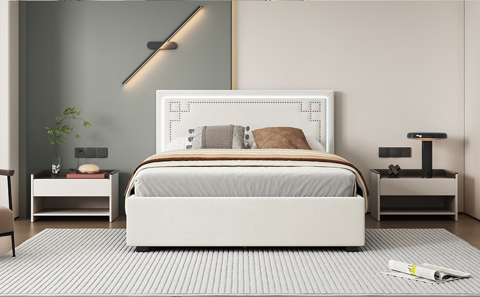 Queen Size Upholstered Platform Bed with Rivet-decorated Headboard, LED bed frame and 4 Drawers, Beige