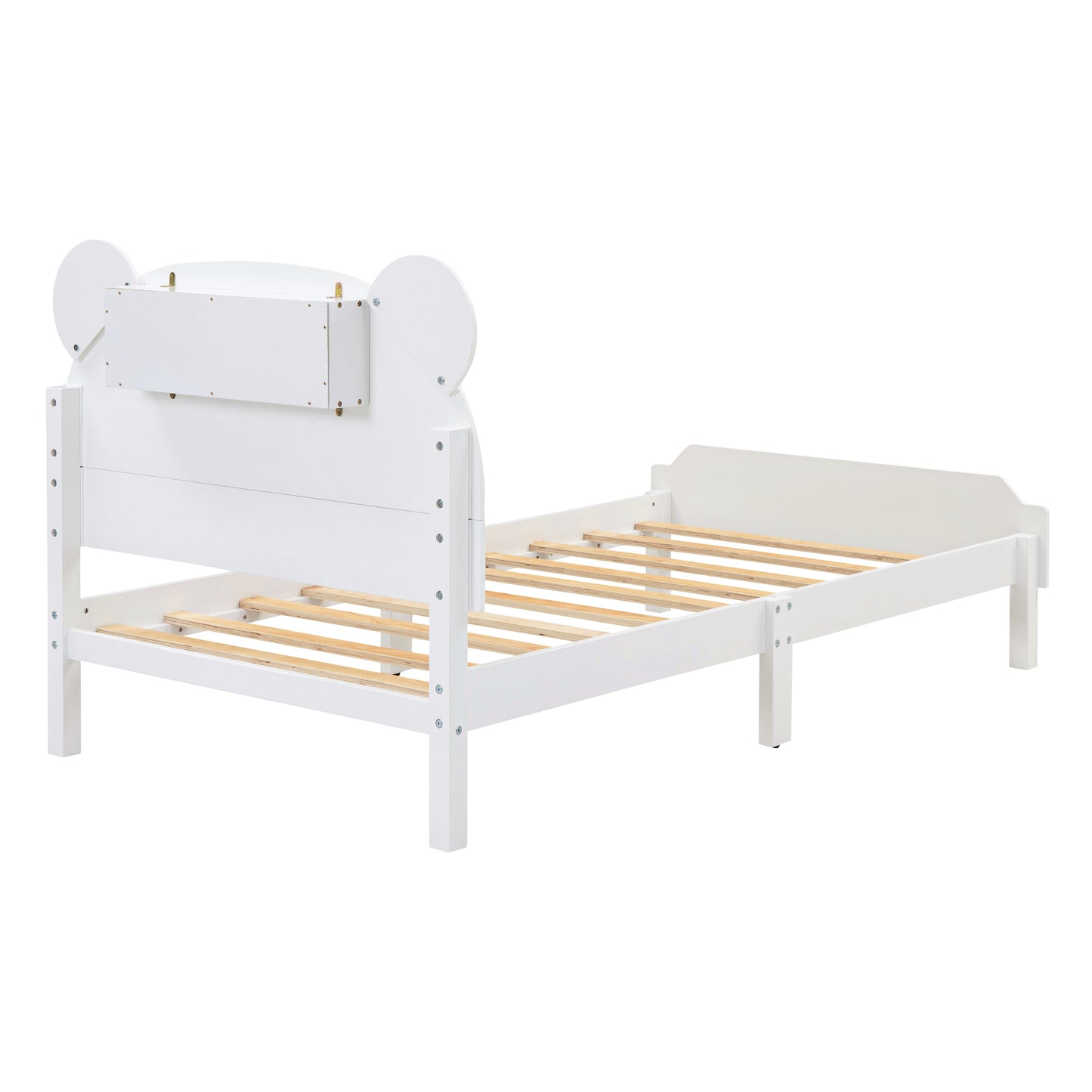 Twin Size Wood Platform Bed with Bear-shaped Headboard,Bed with Motion Activated Night Lights,White
