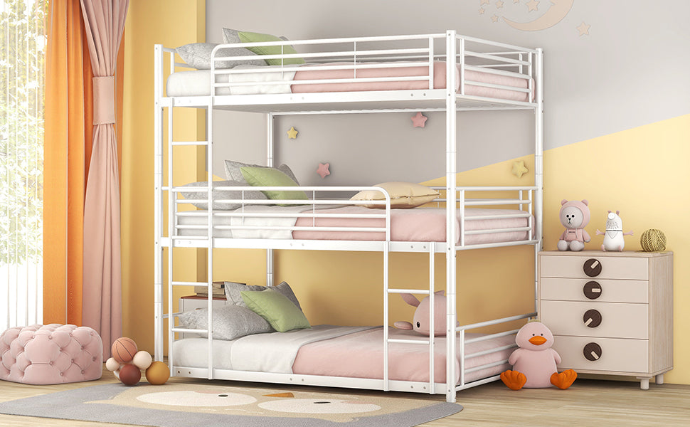 Full-Full-Full Metal Triple Bunk Bed with Built-in Ladder, Divided into Three Separate Beds,White