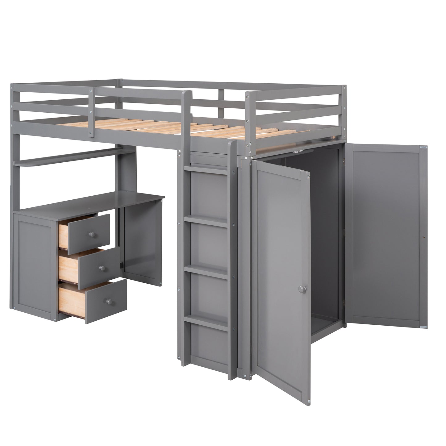 Twin size Loft Bed with Drawers,Desk,and Wardrobe-Gray