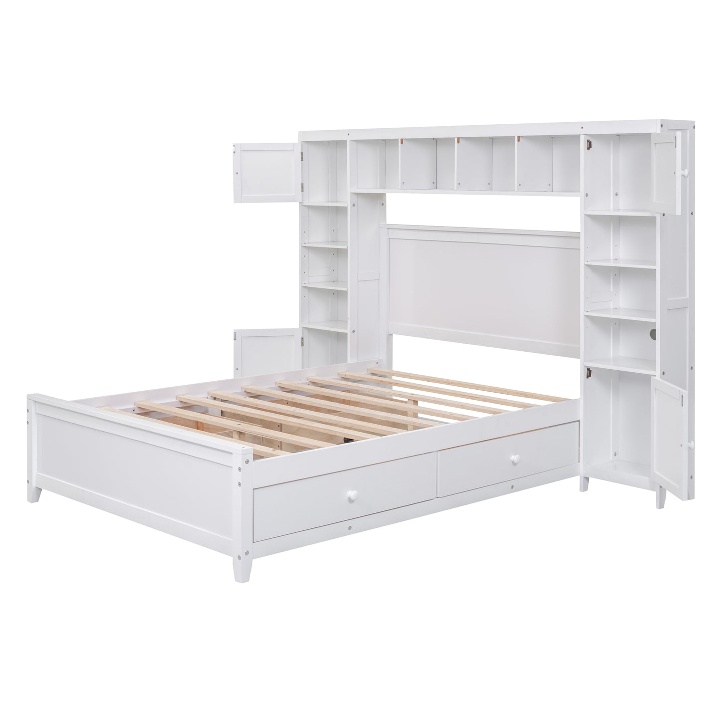 Full Size Wooden Platform Bed With All-in-One Cabinet and Shelf, White