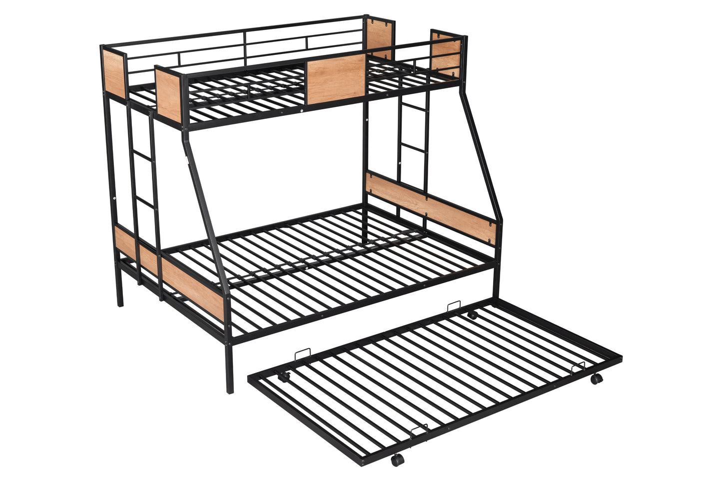 Metal Twin over Full Bunk Bed with Trundle/ Heavy-duty Sturdy Metal/ Noise Reduced/ Safety Guardrail/ Wooden Decoration/ Convenient Trundle / Bunk Bed for Three/ CPC Certified/ No Box Spring Needed