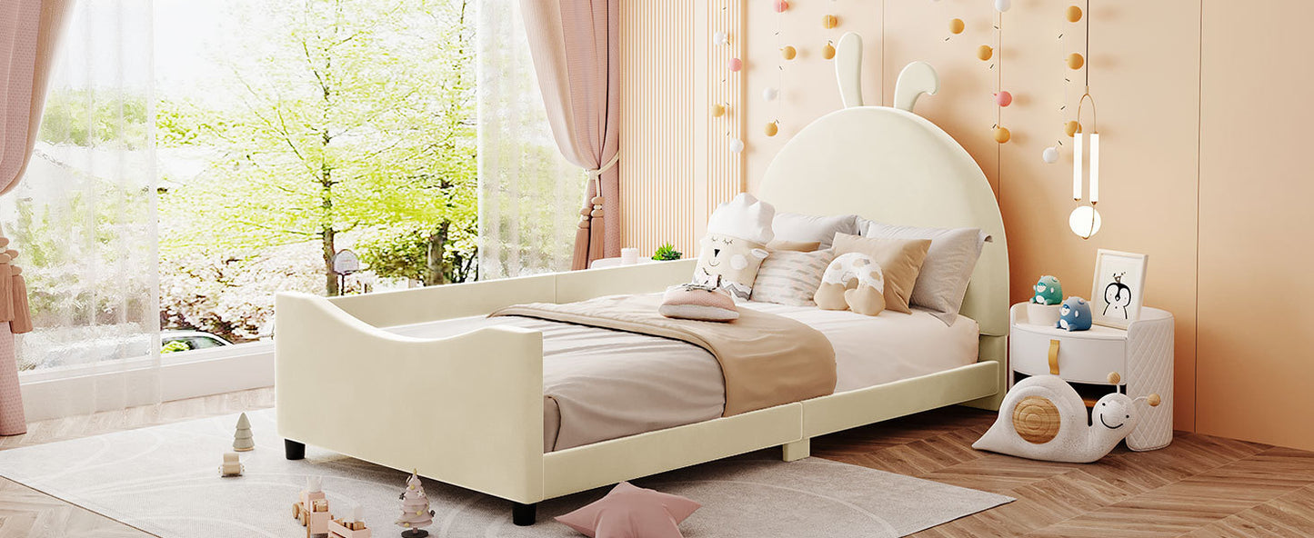 Twin Size Upholstered Daybed with Rabbit Ear Shaped Headboard, Beige