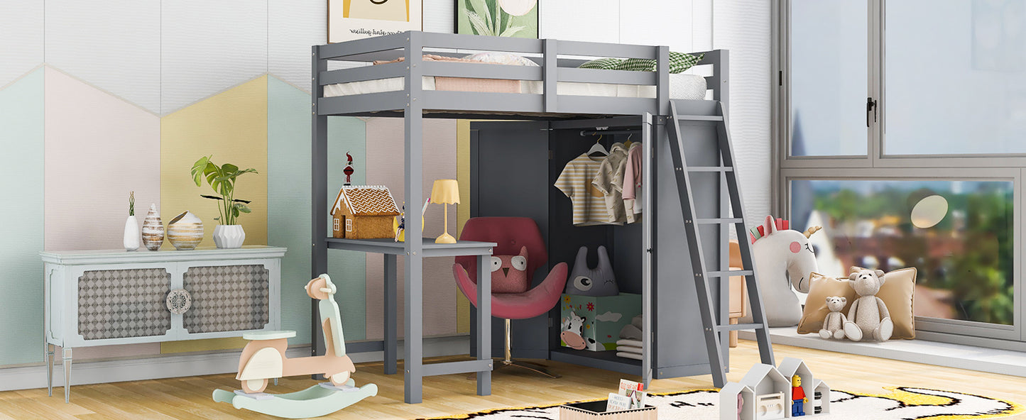 Twin Size Loft Bed with Wardrobe and Desk, Gray
