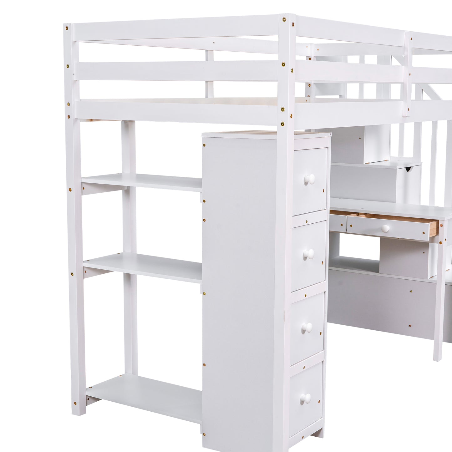 Twin size Loft Bed with Storage Drawers ,Desk and Stairs, Wooden Loft Bed with Shelves - White