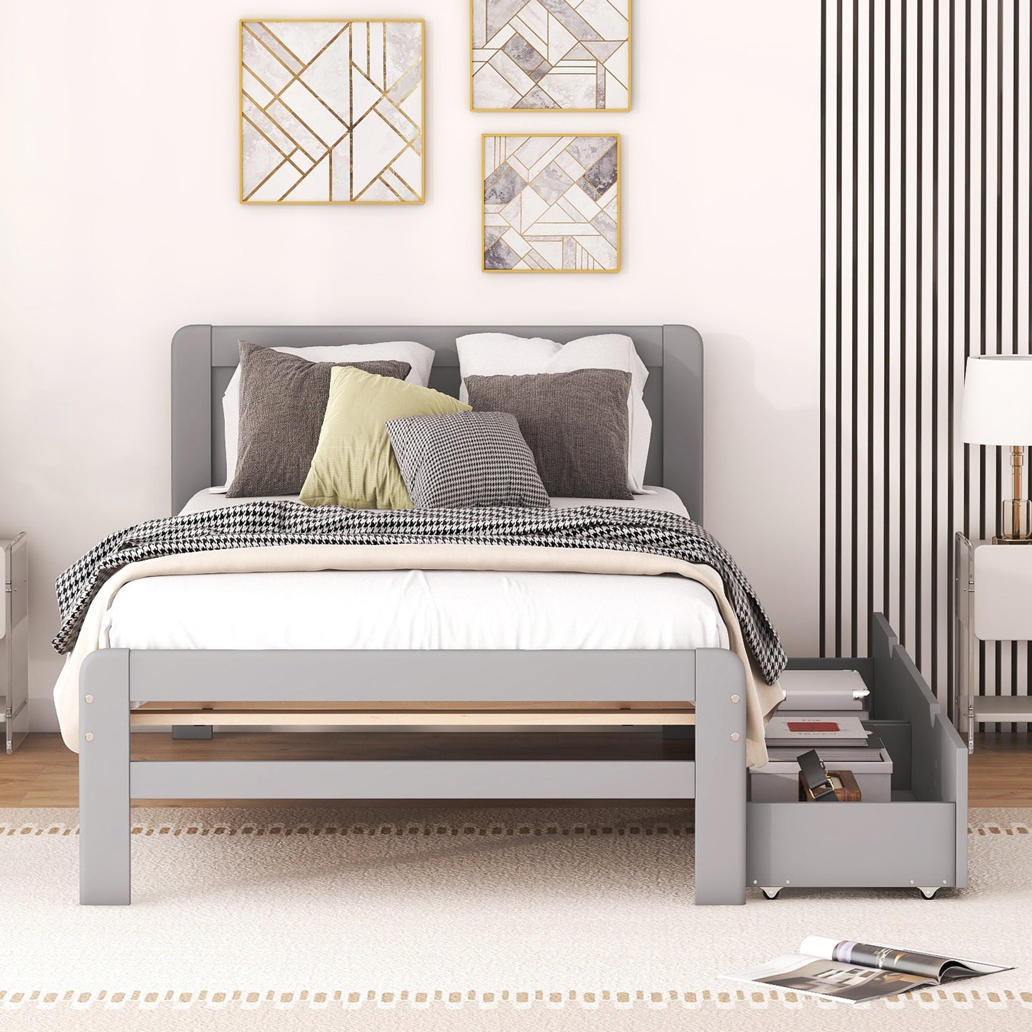 Modern Design Twin Size Platform Bed Frame with 2 Drawers for Grey Color