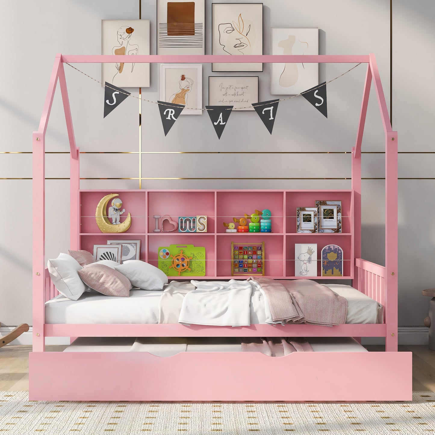 Wooden Full Size House Platform Bed with Trundle & Shelf, Pink