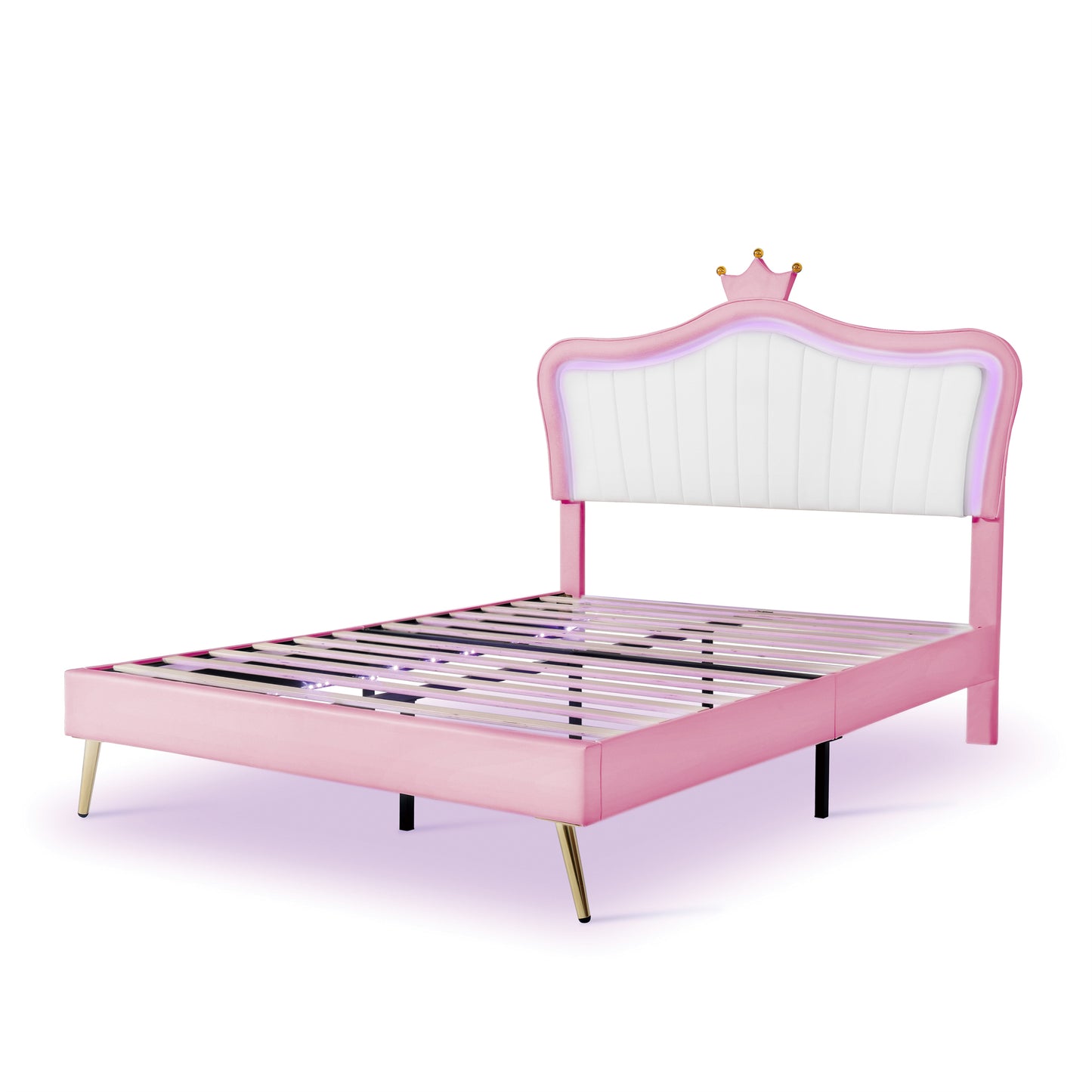 Queen Size Upholstered Platform Bed Frame with LED Lights, Princess Bed With Crown Headboard, White+Pink