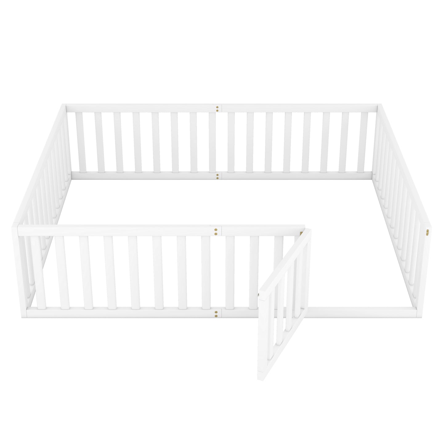 Queen Size Wood Floor Platform Bed Frame with Fence and Door, White
