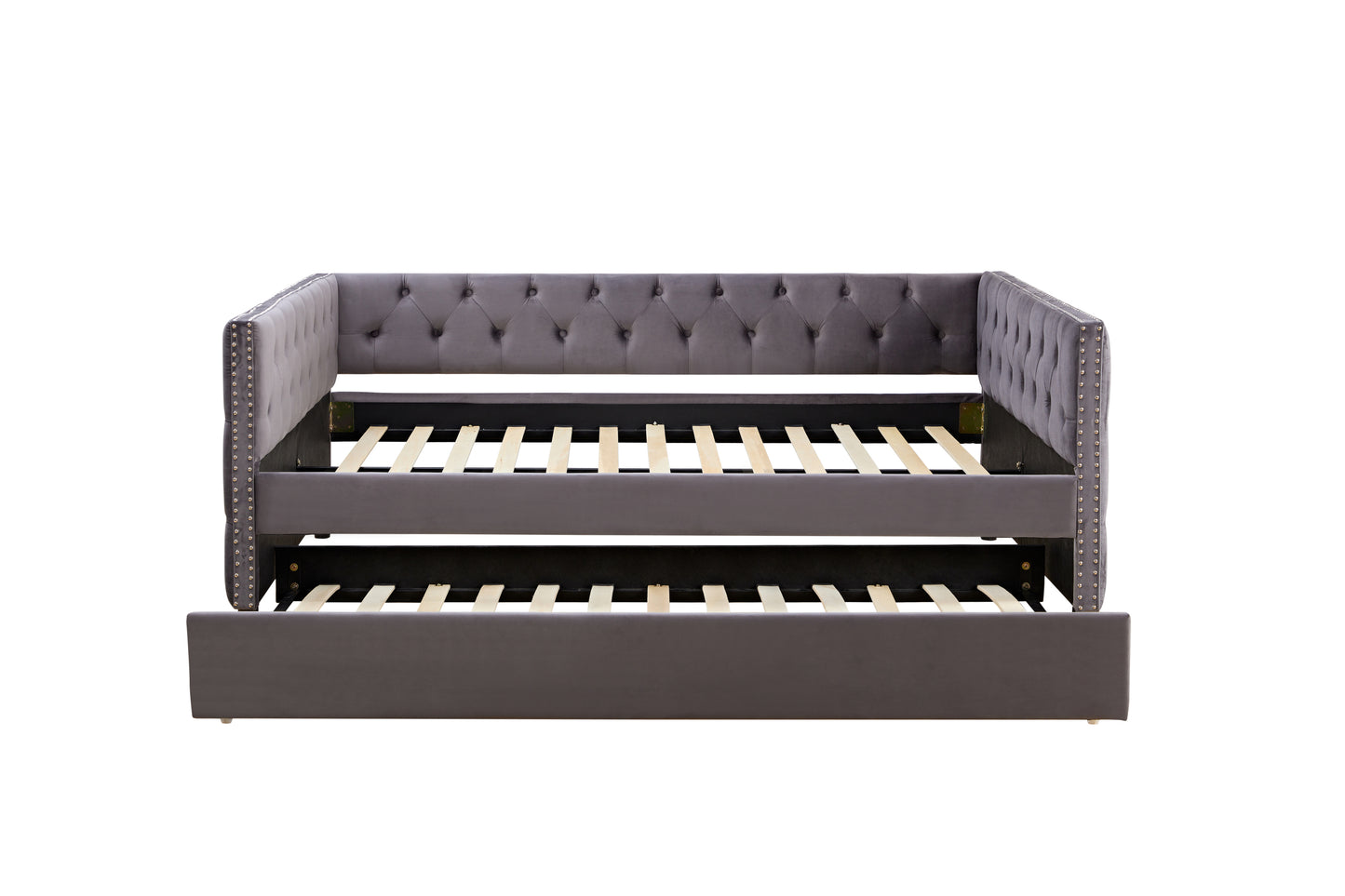 Full Size Velvet Gray Upholstered Daybed with Trundle, Button and Copper Nail on Square Arms