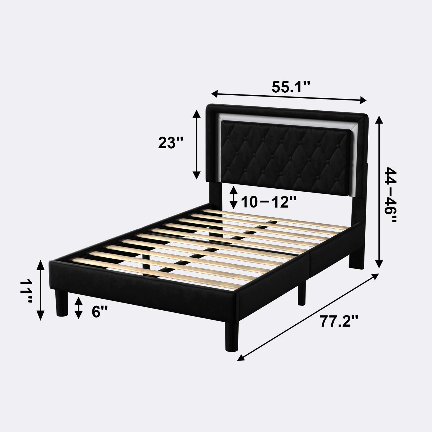 Full Size Frame Platform Bed with Upholstered Headboard and Slat Support, Heavy Duty Mattress Foundation, No Box Spring Required, Easy to Assemble,black