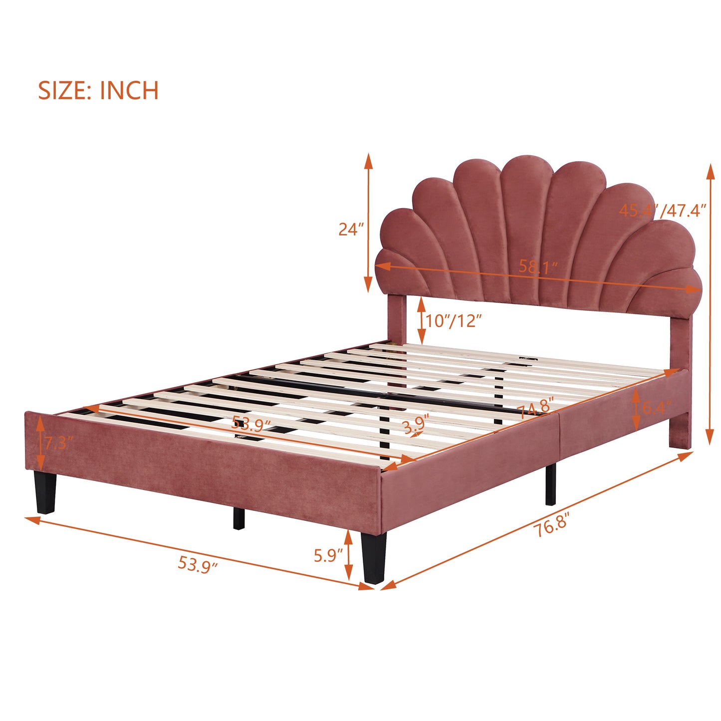 Full Size Upholstered Platform Bed with Flower Pattern Velvet Headboard, Bean Paste Red